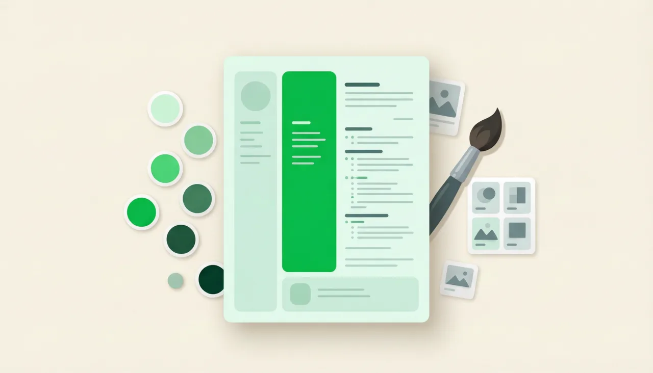 Ilustrasi CV kreatif dengan sidebar berwarna dan grid portofolio desain